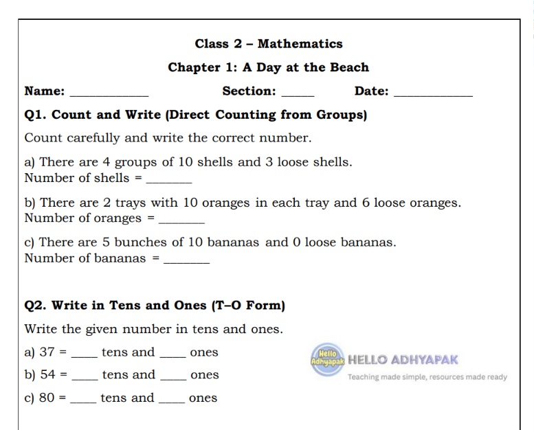 Class 2 Mathematics Chapter 1 worksheet free sample – A Day at the Beach